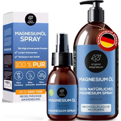 Abbildung von Ultra Pur MagnesiumÖl Spray 1000ml + 100ml 100% Natürlich Reines Zechstein Öl von Organic Magnesium Perfekt für Sport &amp; Muskel entspannung Flüssig Oil Konzentrat