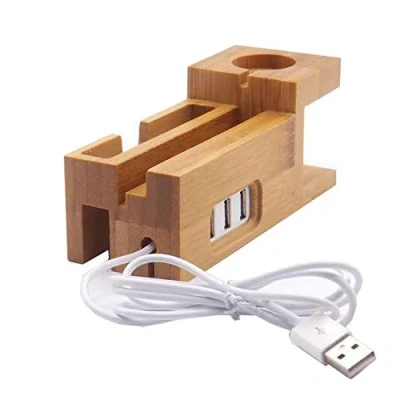 Abbildung von B32CS Bambus USB Ladestation &amp; Handyhalter mit 3 Fach Hub (inkl. Kabel) Multi Funktionales Holz Docking Station für Handys, Tablets Smartphones Ideal mehrere Geräte