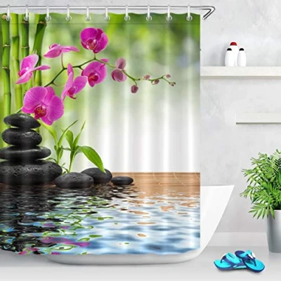 Abbildung von LB Grün Bambus Duschvorhang 150x180cm Orchidee Lila Badewannenvorhang Schwarz Steine Wasserdicht Anti Schimmel Polyester Stoff Kurz Badezimmer Vorhänge Set mit Haken,Zen Spa