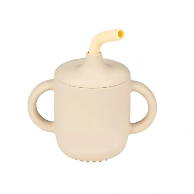 Abbildung von Nattou Silikon Trinkbecher für Kinder, 3 tlg., 1 Becher mit Deckel, Strohhalm, Reinigungsbürste, BPA frei, Silicon, Beige
