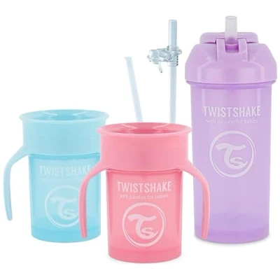 Abbildung von Twistshake Baby Schnabeltassen Set 3 Teilig 2 x 360 Becher 1 Strohbecher Enthält zusätzliche Strohhalme und eine auslaufsichere Dichtung Trainings Schnabeltasse BPA frei Rosa Blau