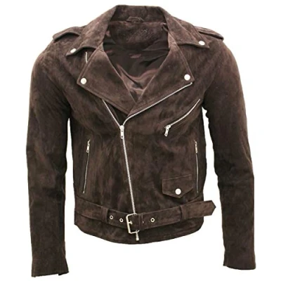 Abbildung von Infinity Leather Herren Klassische Braun Brando Beiläufig Bräunen Wildleder Bikerjacke XL