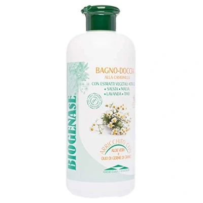 Abbildung von Biogenase Entspannendes Duschgel mit Kamille Gel angereichert Aloe Vera und Weizenkeimextrakt Feuchtigkeitsspendendes Badegel, ohne Parabene Für alle Hauttypen 500 ml