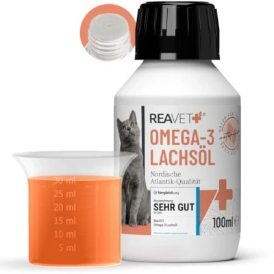 Abbildung von TESTURTEIL SEHR GUT 2025 ReaVET Lachsöl Katze 100ml Reich an Omega 3 &amp; 6, Fischöl Hunde hochdosiert I Echte Lebensmittelqualität ohne Zusätze Frisch abgefüllt in Deutschland