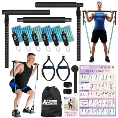 Abbildung von Pilates Bar Set, 6X Fitnessbänder Set Widerstandsbänder mit Stange, Griffe, Türanker, Fußschlaufen, Resistance Bands &amp; Tragbarer Handtasche für Indoor Home Gym und Outdoor