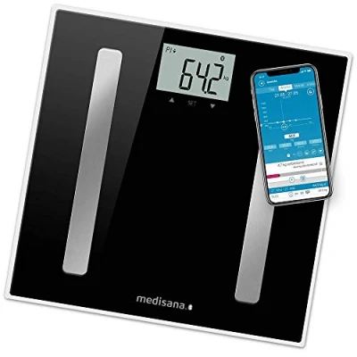 Abbildung von medisana BS A45 connect, digitale Körperanalysewaage 180 kg, Personenwaage zur Messung von Körperfett, Körperwasser, Muskelmasse und Knochengewicht, Körperfettwaage mit Körperanalyse App