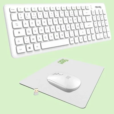 Abbildung von NEWWAY RF01 kabellose Tastatur mit Pad Französische (AZERTY) 97 Tasten, 13 Multimedia Hotkeys WLAN Maus 2,4 GHz 4 Tasten kompakt USB Empfänger Weiß