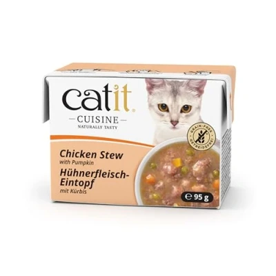 Abbildung von Catit Cuisine Premium Nassfutter für Katzen Eintopf mit Hühnerfleisch und Kürbis, Ergänzungsfuttermittel, 95g, getreidefrei, hoher Fleischanteil