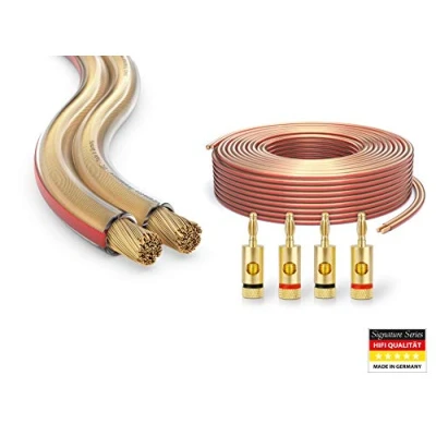 Abbildung von conecto CC50551 OFC Professional Audio Lautsprecherkabel, Querschnitt 2x2,50mm² (99,9% Vollkupfer 78x0,20mm Litze), 10,0m, transparent, Set. inkl. 4 Bananenstecker