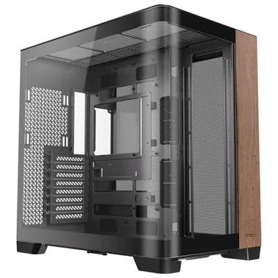 Abbildung von Antec C8 Curve Wood, Lüfter Nicht im Lieferumfang enthalten, Holz Frontplatte, Super Weitwinkel Einzel gebogenes Glas, Doppelkammer Layout, Typ C, 360 mm Heizkörperunterstützung, RTX 40 kompatibel,