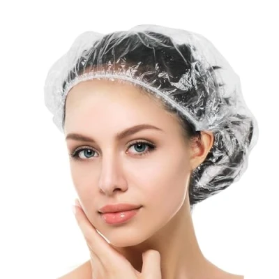 Abbildung von Einweg Duschhaube, wasserdichte, transparente Duschhaube aus Kunststoff, Haarschutz Haarhaube für Salon, Spa, Reisen, Hotel, Dusche, Zöpfe, transparent 100 Stück