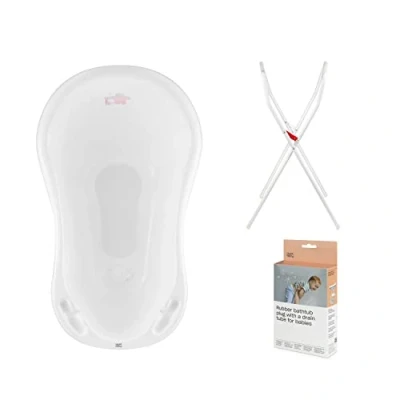 Abbildung von Hylat Baby Babybadewanne mit Thermometer, Gestell und Abfluss ergonomisch komfortabel für Neugeborene Babys
