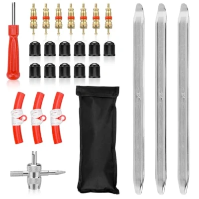 Abbildung von Kigniote Reifenmontierhebel Reifen Montiereisen 30 cm 27Stück Reifenmontage Werkzeug Reifenlöffel Montierhebel Reifenheber Motorrad E Scooter Auto Fahrrad mit 3 Felgenschutz Reifenmontiergerät
