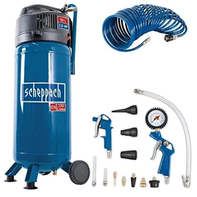 Abbildung von Scheppach Kompressor HC51V (1500W, 50 L, 10 bar, Ansaugleistung 220 l/min, Druckminderer, ölfrei, stehende platzsparende Bauweise) inkl. 13 tlg. Druckluft Werkzeug Set + 8m Spiralschlauch