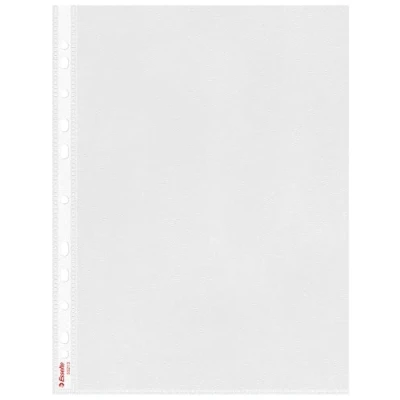 Abbildung von Esselte Prospekthüllen Standard Plus A4, 100 Stück durchsichtige, gestanzte Hüllen, 30% Pre Consumer Recycling Kunststoff, 100% recycelbar, oben und links öffnende Kunststofftaschen, 85 Micron, 55213