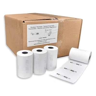Abbildung von 50 Rollen Thermopapier, 57 x 40 12 cm, Spule für Bankkarten, 55 g, TPE Rolle mit Logo, Recycling Triman BPA frei, entspricht der Gesetzgebung AGEC
