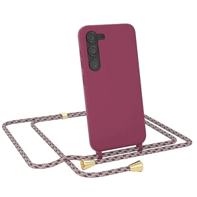 Abbildung von EAZY CASE Necklace Silicon kompatibel mit Samsung Galaxy S23 Slim Microfiber, Phone Case, Abnehmbare Handykordelabnehmbar Beere Schulterriemen in Rot Camouflage Clips Gold
