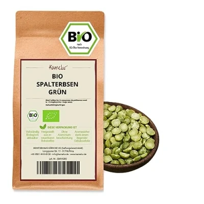 Abbildung von Kamelur 500g BIO grüne Spalterbsen getrocknet getrocknete Hülsenfrüchte ohne Zusätze Erbsen grün halb in biologisch abbaubarer Verpackung