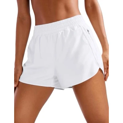 Abbildung von CRZ YOGA Damen Kurz Sporthose Laufhose High Waist Fitness Sport Shorts Kurze Hose mit Reißverschlusstasche Weiss 42