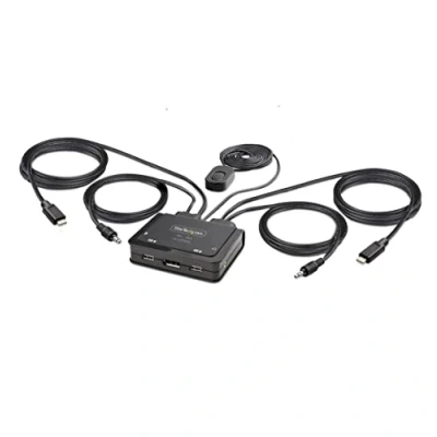 Abbildung von StarTech.com 2 Port USB C Kabel KVM Switch, 4K 60Hz DisplayPort Ausgang, Mini Switche mit 2m Typ C/Audio Int.Kabeln, Bus Powered, Ferntaste/Hotkey Laptop Umschalter (C2 D46 UC2 CBL KVM)