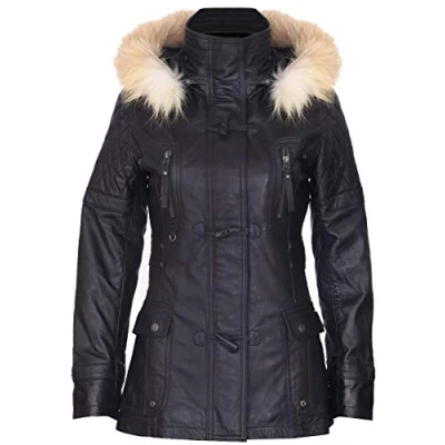 Abbildung von Infinity Leather Frauen Schwarze Gesteppte Leder Parka Jacke Mit Abnehmbarer Kapuze 4XL