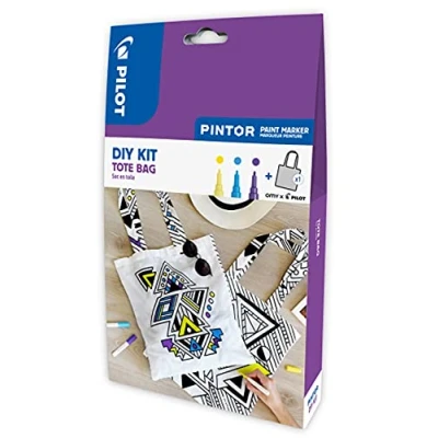 Abbildung von PILOT PINTOR DIY Jute Beutel im modernen, geometrischen Look Bastel Set mit 3x Kreativmarker und 1 individuell gestaltbare Baumwollbeutel