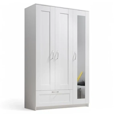 Abbildung von Stella Trading LEPINI Kleiderschrank mit Spiegeltür in Weiß Vielseitiger Drehtürenschrank 3 türig für Ihr Schlafzimmer 117 x 191 50 cm (B/H/T)