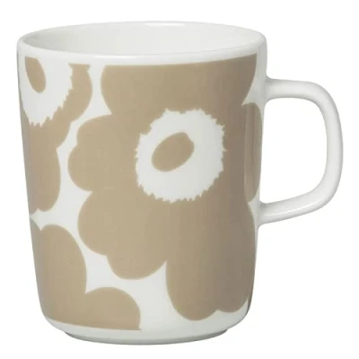 Abbildung von Marimekko Becher, Kaffeebecher, Henkelbecher Oiva Unikko Weiß Beige Steingut Höhe 9,5 cm