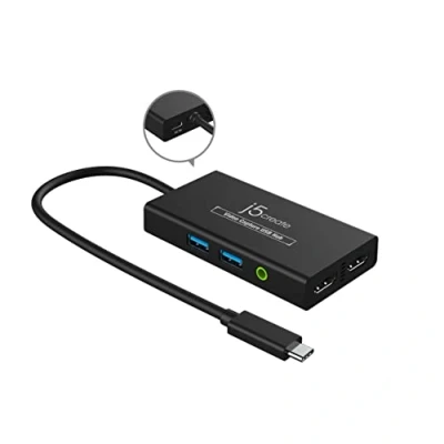 Abbildung von j5create Video Capture Card mit PD 60W Pass Through Charging, integrierter Multifunktions Hub, geeignet für Streaming, Live Broadcasting, Videokonferenz, Unterricht, Gaming (JVA01)
