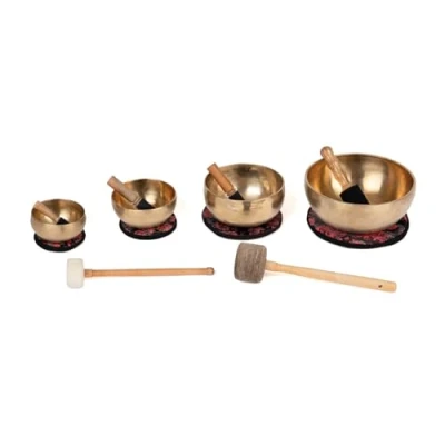 Abbildung von Handgefertigte tibetische Klangschalen aus Indien inkl. Unterlage &amp; Holzklöppel (Ø13 + 15 19 24 cm) Singing Bowl Set Klangtherapie, Meditation, Achtsamkeit, Entspannung
