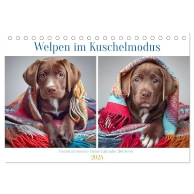 Abbildung von Welpen im Kuschelmodus Herzerwärmende kleine Labrador Retriever (Tischkalender 2025 DIN A5 quer), CALVENDO Monatskalender