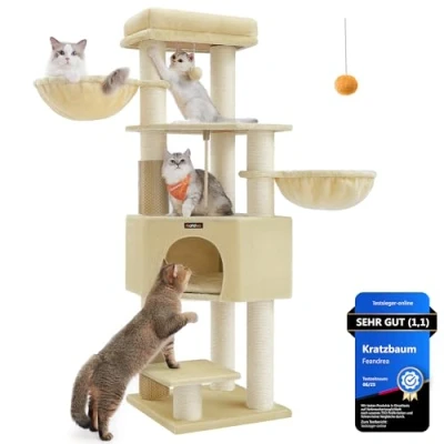 Abbildung von Feandrea Kratzbaum, mit selbstwärmenden Decken, für große Katze, Katzenbaum, 2 Katzenbürsten, 11,1 cm d Dicke Stämme, Plattformen, Höhle, 50 x 160 cm, sandbeige beige PCT003Y01