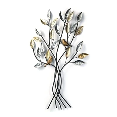 Abbildung von DESIGN DELIGHTS Wand DEKO Baum mit Vögeln Metall, 76 cm, Silber/Gold Metallbild Blätter, Wandrelief, Wandbild, Wandskulptur