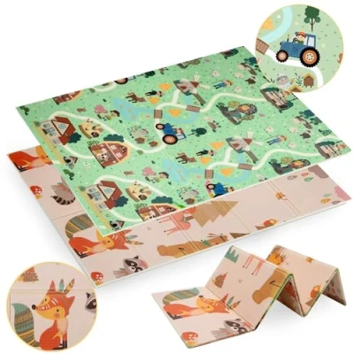 Abbildung von HUMBI Spielmatte Baby, Krabbelmatte, XPE Schaumstoff, Doppelseitig, Flatbar, Wasserdicht, Extra Größe, Teppich Babymatte, Rutschfest, 120x180 cm, Dorf und Wald