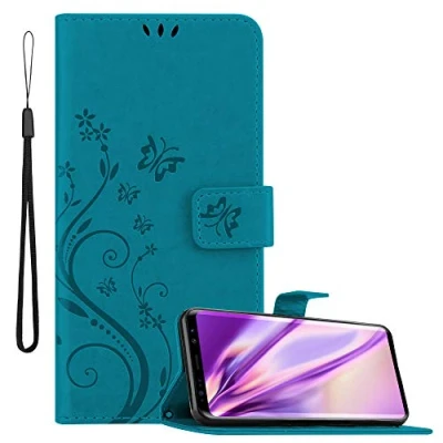 Abbildung von Cadorabo Hülle kompatibel mit Samsung Galaxy S9 Blumen Design aus Premium Kunst Leder Flip Klappbare Stoßfeste Magnetische [Standfunktion] [Kartenfächern] Cover für Tasche in Blau