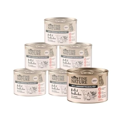 Abbildung von Dehner Fine Nature Katzenfutter, Nassfutter getreidefrei, für ausgewachsene Katzen, Kalb / Truthahn, 6 x 200 g Dose (1.2 kg)