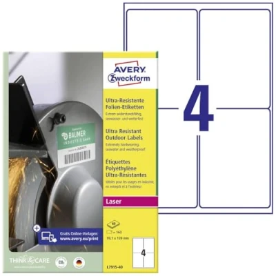Abbildung von AVERY Zweckform L7915 40 Strapazierfähige Folienetiketten (160 Aufkleber, 99,1x139mm auf A4, extrem stark selbstklebend, für schwierige Oberflächen, bedruckbare Outdoor Klebefolie) Blatt, weiß