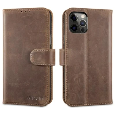 Abbildung von LENSUN Echtleder Hülle für iPhone 12 Pro, Handyhülle [Echtes Leder][Standfunktion][Wallet Fach] Handytasche Lederhülle Klappbar (6,1 Zoll) Vintage Braun