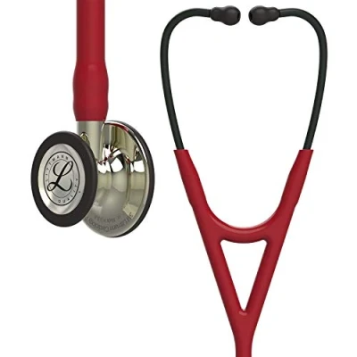 Abbildung von 3M Littmann Cardiology IV Stethoskop für die Diagnose, Bruststück und Schlauchanschluss champagnerfarben, burgunderroter Schlauch, rauchfarbene Ohrbügel, 69 cm, 6176