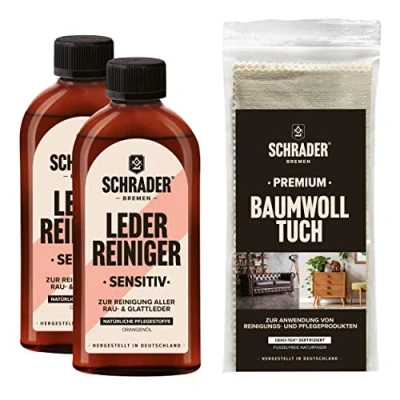 Abbildung von Schrader Lederreinigung Set Reiniger und Poliertuch für alle Lederarten Ledermöbel &amp; Lederkleidung farbneutral 3 teilig Made in Germany