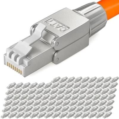 Abbildung von HB DIGITAL 100x CAT 7 RJ45 Stecker Netzwerkstecker für starre LAN Kabel Verlegekabel Ethernet werkzeuglos LSA 10 Gbit/s AWG 22 24 vollgeschirmt STP 50μ vergoldete Kontakte