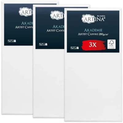 Abbildung von Keilrahmen Leinwand zum Bemalen 50x100 cm Artina FSC® 3er Set Leinwände für Acrylfarben Canvas 100% Baumwolle bespannte malen Acryl Rahmen