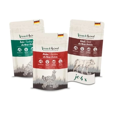 Abbildung von Venandi Animal Premium Nassfutter für Katzen, Probierpaket I, Huhn, Pute, Rind, 12 x 125 g (12er Pack), getreidefrei und naturbelassen