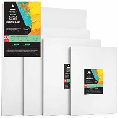 Abbildung von Arteza Malkarton, 22.8x30.4 cm, 27.9x35.5 30.4x40.6 40.6x50.8 cm 28er Multipack, weiße grundierte Leinwand 100% Baumwolle, für Malerei, Acrylgießen, Ölfarben, Malpappe Profis &amp; Hobbymaler