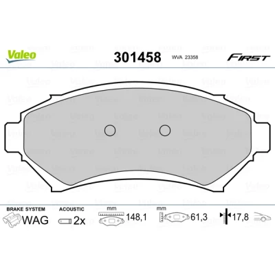 Abbildung von VALEO 301458 Bremsbelagsatz FIRST Vorderachse inkl. Verschleißwarnkontakt ohne Anti Quietsch Blech CADILLAC: Seville V, CHEVROLET: Trans Sport