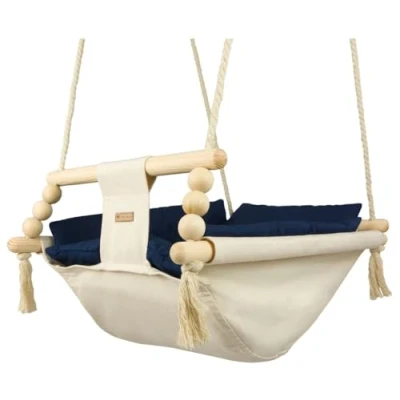 Abbildung von Babyschaukel Kleinkindschaukel Babyliegeschaukel Stoffschaukel Babywippe Wiege (Muster: cremefarben, dunkelblau)