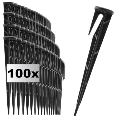 Abbildung von com four® 100x Fixierungshaken für Mähroboter Erdanker aus Kunststoff Befestigungsstifte Schläuche, Kabel und Abdeckungen Bodennägel mit Haken (schwarz 100 Stück)