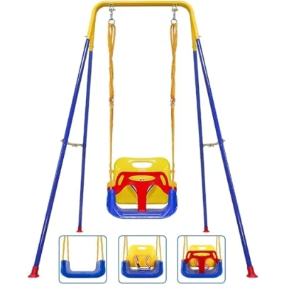 Abbildung von Babyschaukel, 3 in 1 Babyschaukel für drinnen und draußen mit Gestell, Kinderschaukel Metallständer, draußen, geeignet Kinder von 6 Monaten bis 10 Jahren