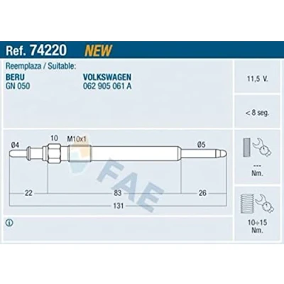 Abbildung von FAE 74220 Glühkerze 11,5V M10x1 VOLKSWAGEN: LT 28 46 2 Kasten, 35 II Bus