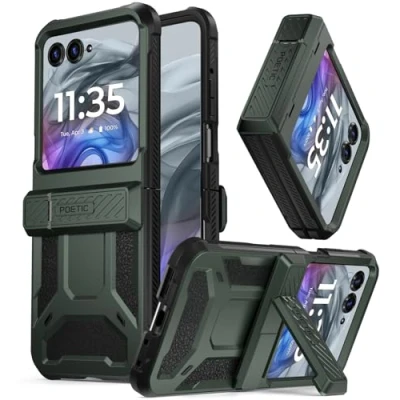 Abbildung von POETIC Spartan Case für Motorola Moto Razr 50, [Ständer] [Scharnierschutz] [20 Fuß Falltest nach Militärstandard], robuste, stoßfeste Ganzkörper Schutzhülle mit Ständer, Metallic Grün